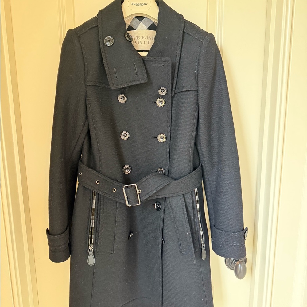 Burberry Brit Belted Wool and Cashmere Double Breasted Peacoat